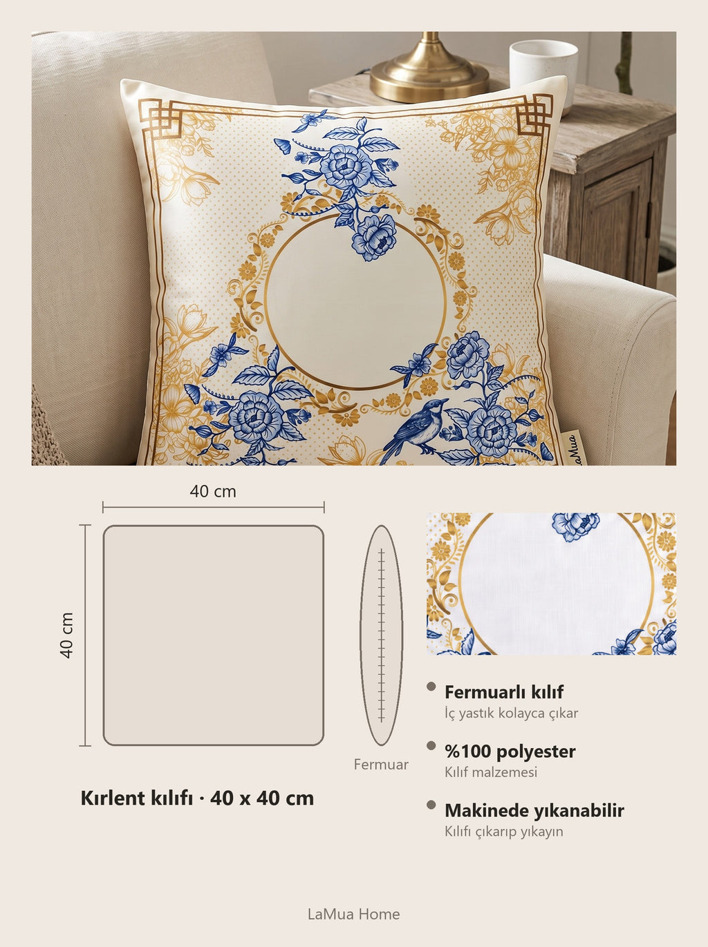 Royal Blaue Blüten & Vögel 2er-Set Kissenbezüge – Maßkarte 40x40 cm