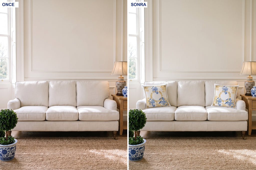 Royal Mavi Çiçek ve Kuş — 2’li Kırlent Kılıfı Seti 40x40 cm, Fermuarlı — kullanım görseli