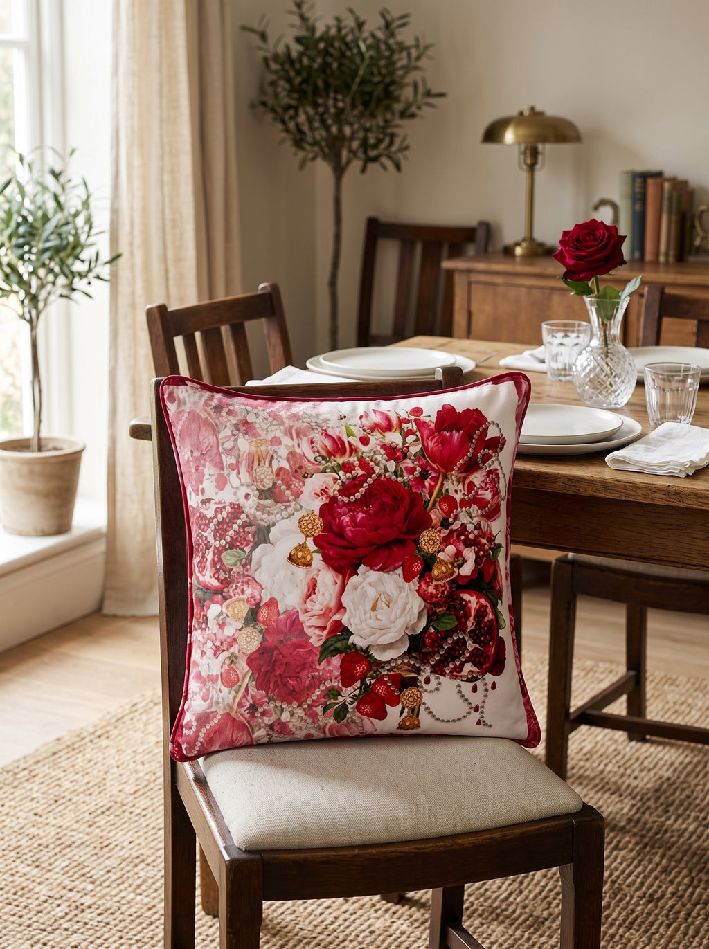 Ruby Flower Bouquet & Pomegranate set of 2 cushion covers – in a living room