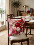 Ruby Flower Bouquet & Pomegranate set of 2 cushion covers – in a living room
