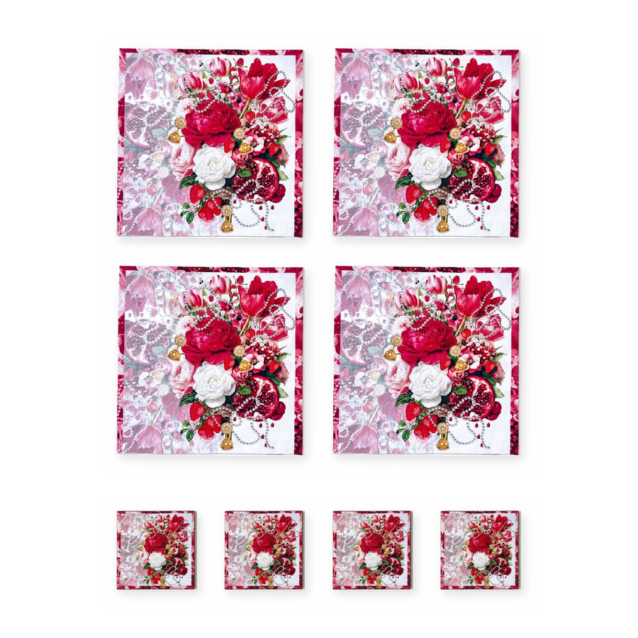 Ruby Blumenstrauß & Granatapfel — Set aus 4 Platzsets + Untersetzern