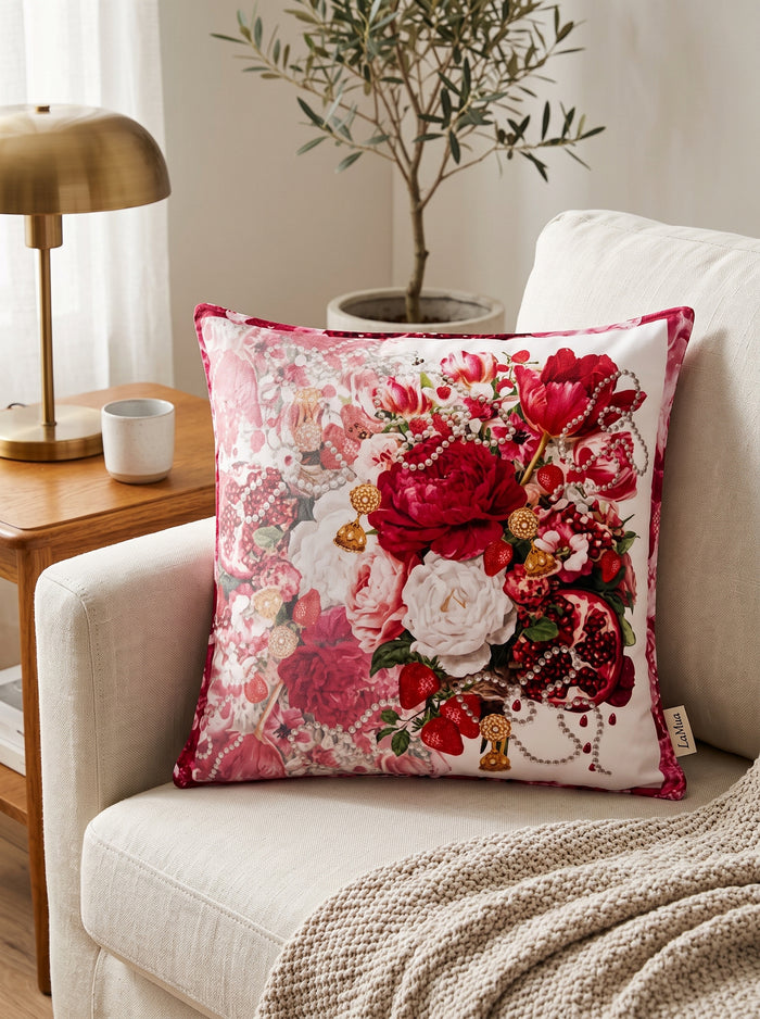 Ruby Flower Bouquet & Pomegranate — Set of 2 Cushion Covers 40x40 cm, Zippered