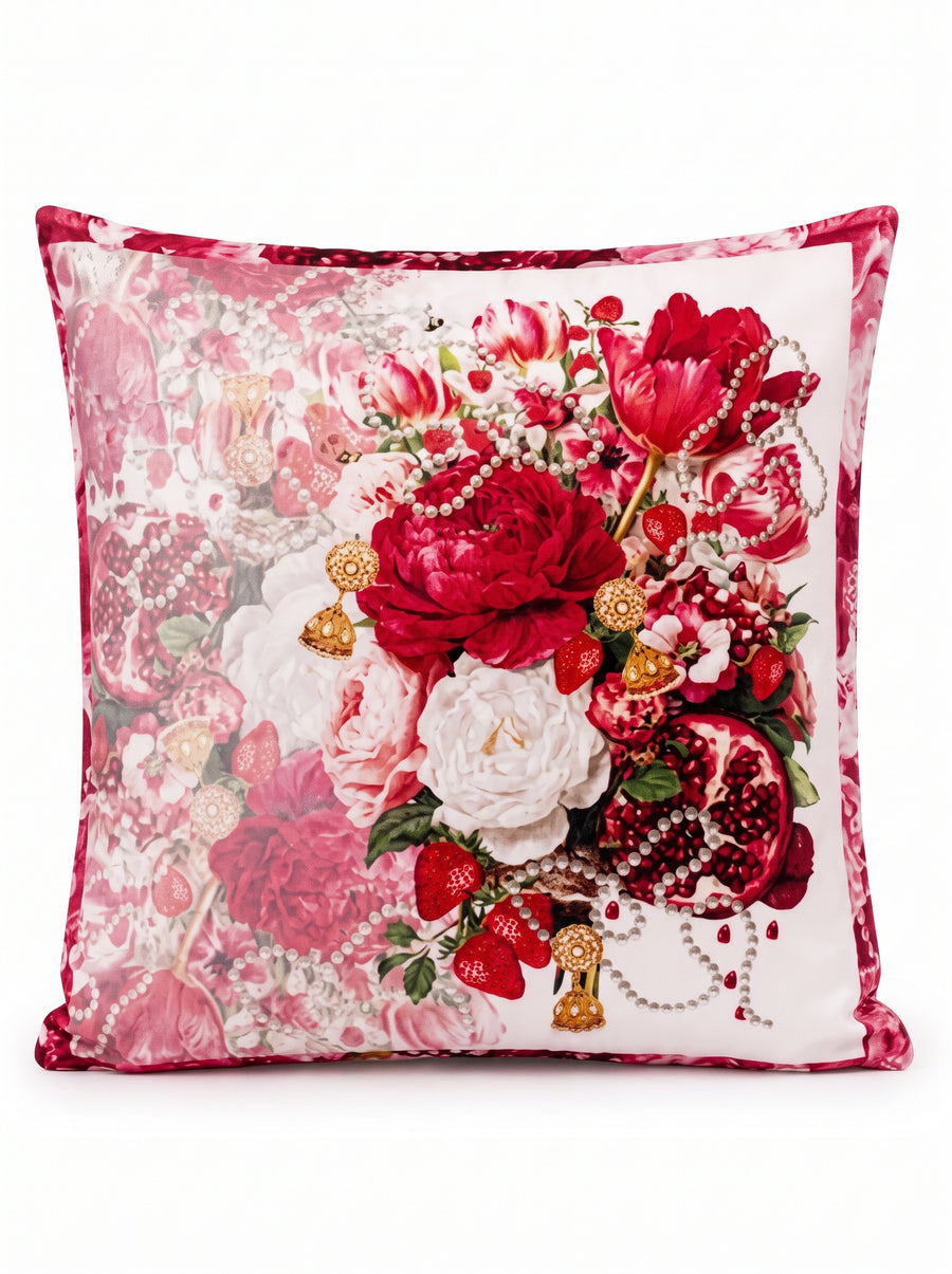Ruby Flower Bouquet & Pomegranate — Set of 2 Cushion Covers 40x40 cm, Zippered