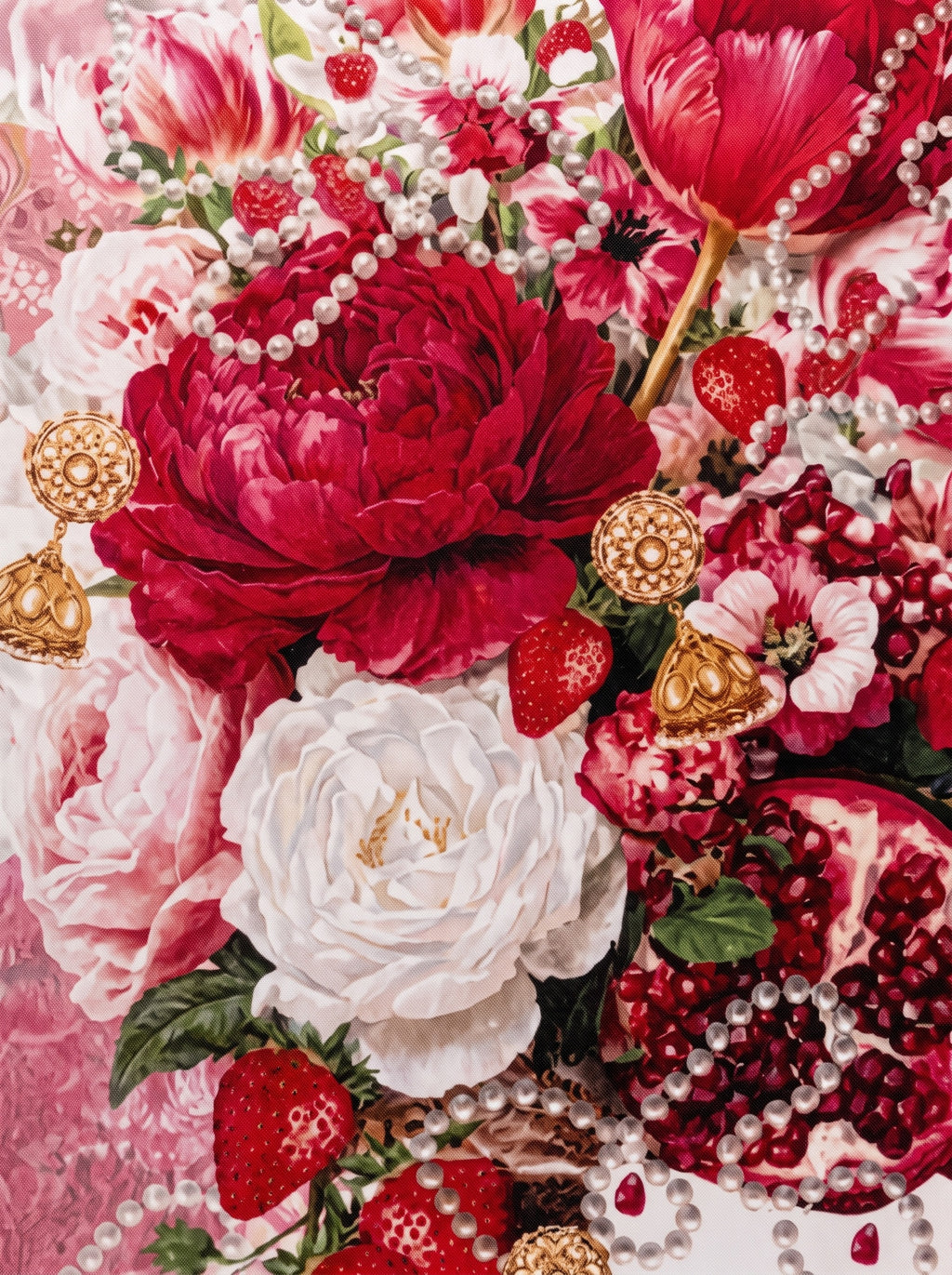 Ruby Flower Bouquet & Pomegranate set of 2 cushion covers – pattern and texture close-up