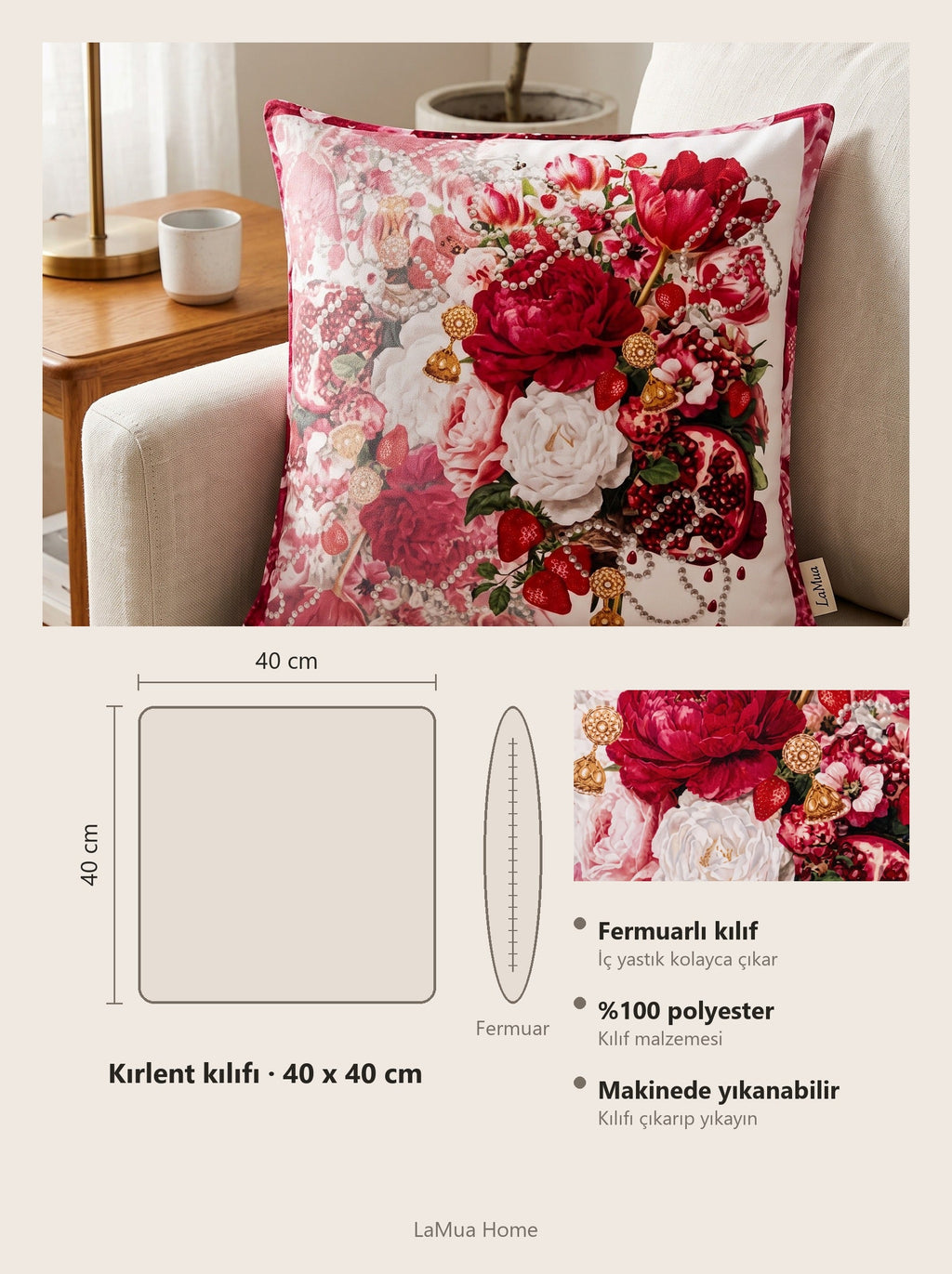 Ruby Blumenstrauß & Granatapfel 4er-Set Kissenbezüge – Maßkarte 40x40 cm