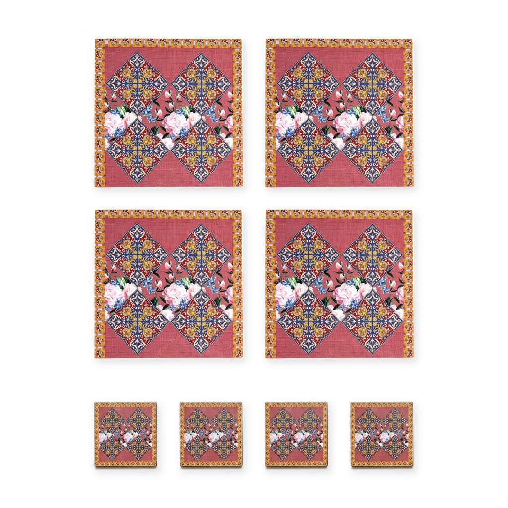 Safi Iznik-Fliese & Rose Set aus 4 Platzsets + Untersetzern – Set-Inhalt