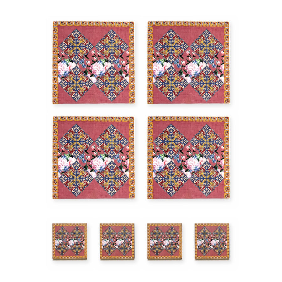 Safi Iznik-Fliese & Rose — Set aus 4 Platzsets + Untersetzern, abwischbar