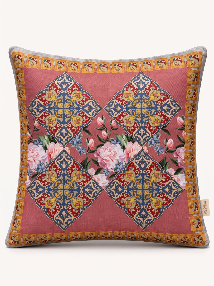 Safi Iznik Tile & Rose — Set of 2 Cushion Covers 40x40 cm, Zippered, Stain-Resistant