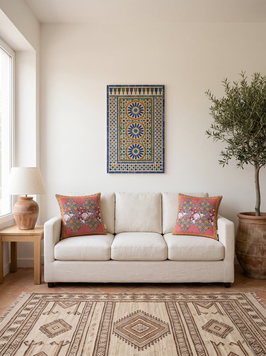 Safi Iznik Tile & Rose set of 2 cushion covers – two cushions on a sofa