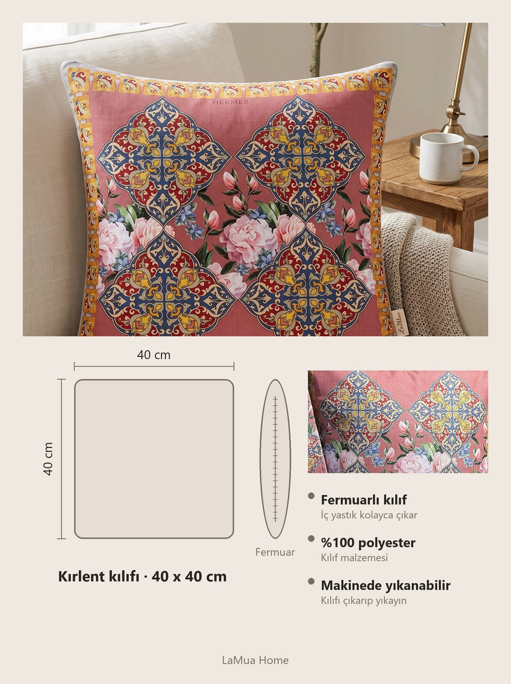 Safi Iznik Tile & Rose set of 4 cushion covers – size card 40x40 cm
