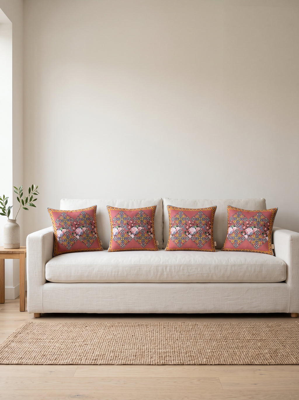 Safi Iznik Tile & Rose set of 4 cushion covers – four cushions on a sofa