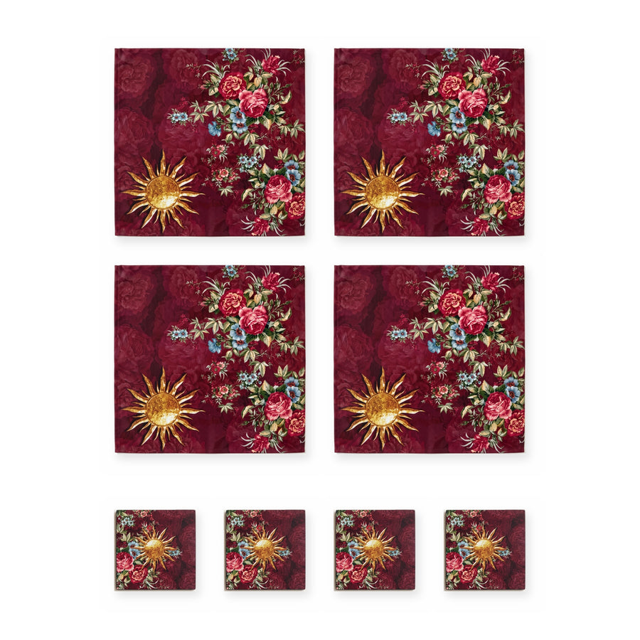 Sole Sun & Floral — Set of 4 Placemats + Coasters, Wipe-Clean