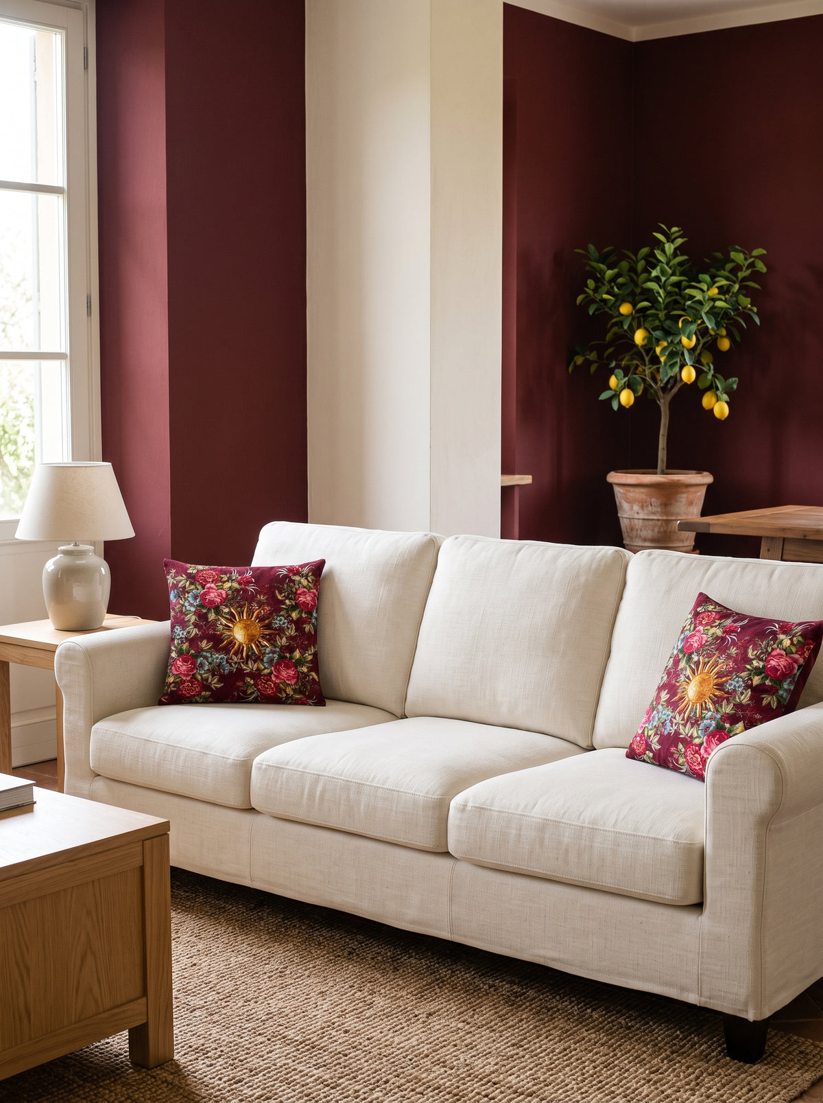 Sole Sun & Floral set of 2 cushion covers – two cushions on a sofa