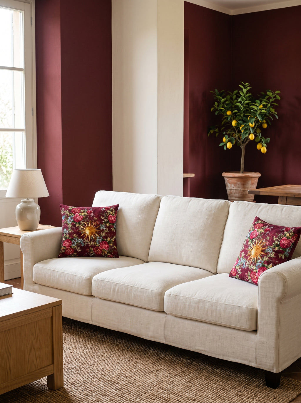 Sole Sun & Floral set of 2 cushion covers – two cushions on a sofa