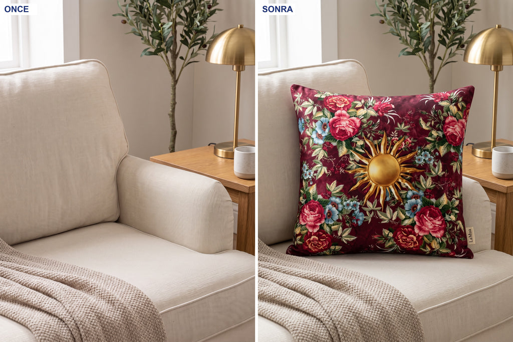 Sole Güneş ve Çiçek — 2’li Kırlent Kılıfı Seti 40x40 cm, Fermuarlı, Leke Tutmaz — kullanım görseli