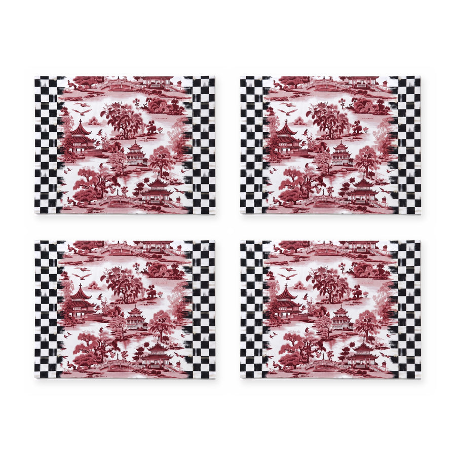 Vita Burgundy Checkerboard & Japanese Garden — Set of 4 Placemats, Wipe-Clean