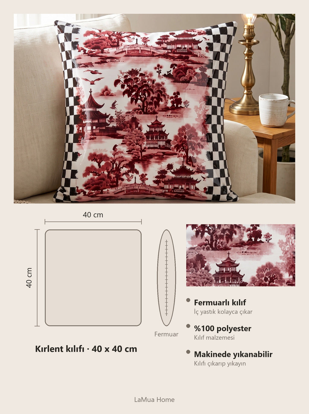 Vita Bordeaux-Schachbrett & Japanischer Garten 4er-Set Kissenbezüge – Maßkarte 40x40 cm