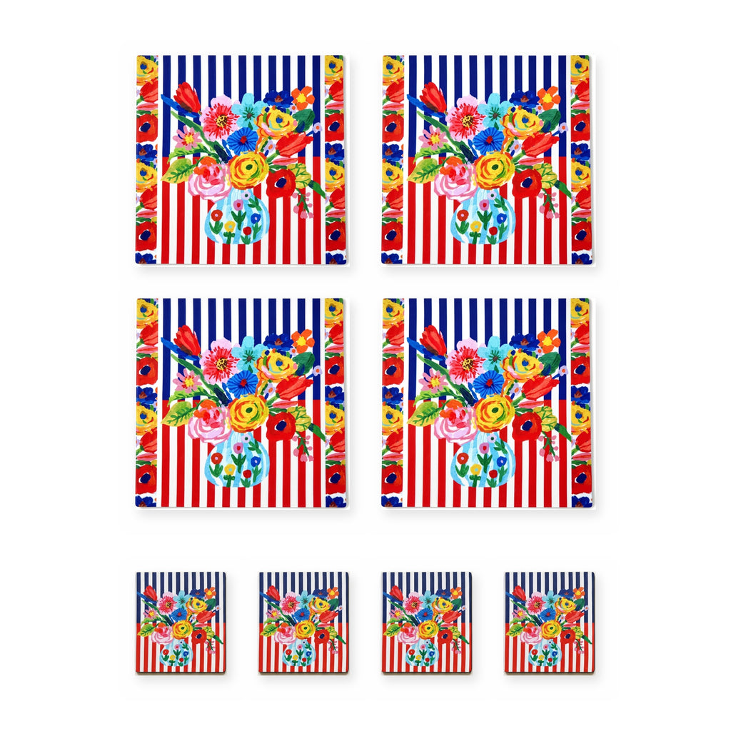 Viva Striped Floral Set of 4 Placemats + Coasters – set contents