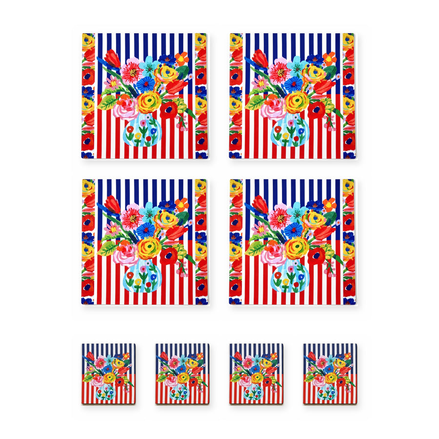 Viva Striped Floral — Set of 4 Placemats + Coasters, Wipe-Clean