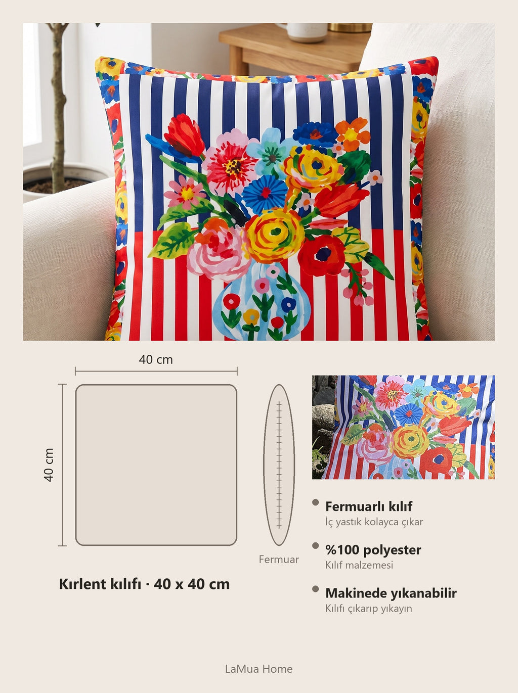 Viva Streifen & Blüten 2er-Set Kissenbezüge – Maßkarte 40x40 cm