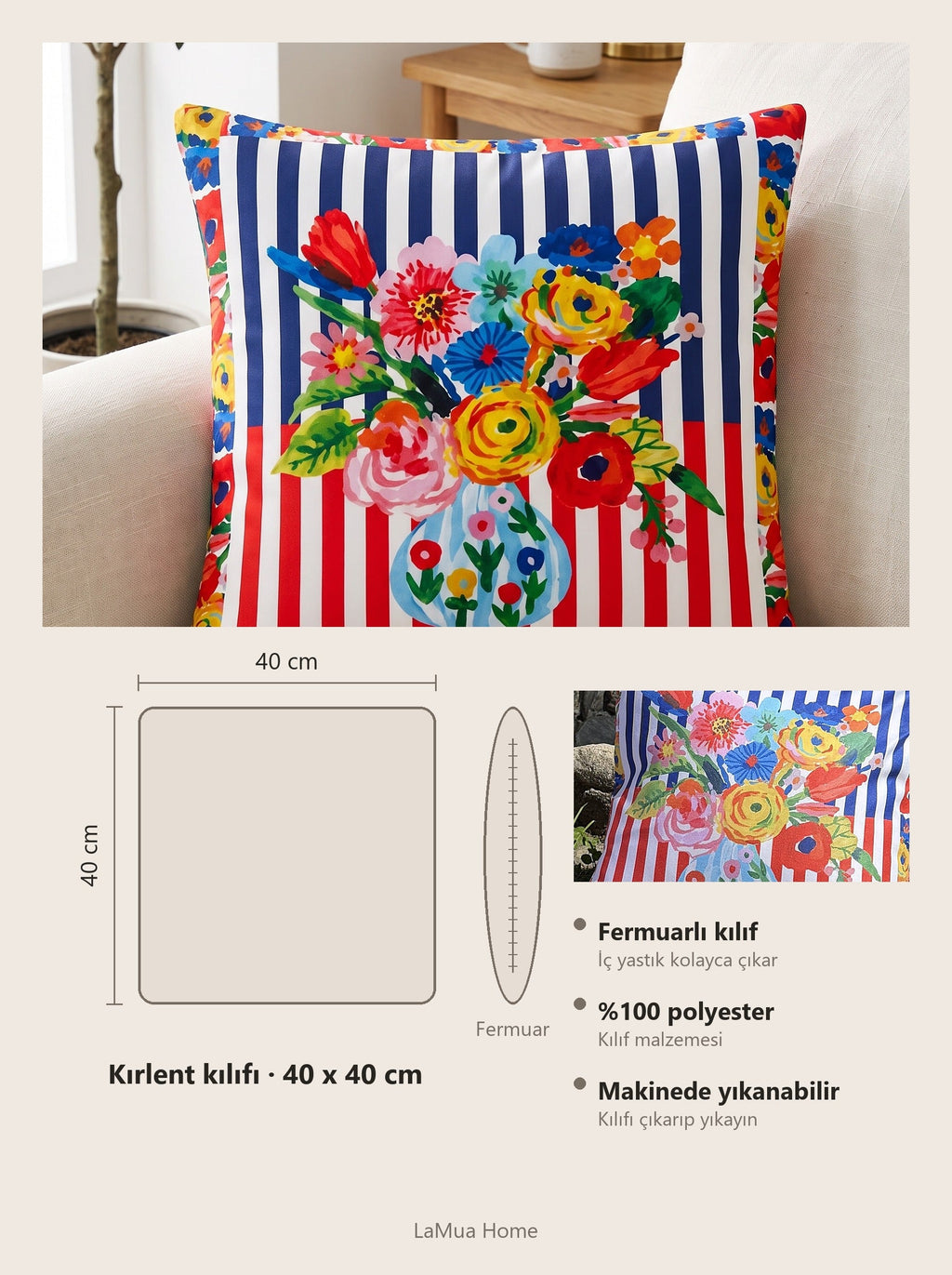 Viva Streifen & Blüten 4er-Set Kissenbezüge – Maßkarte 40x40 cm