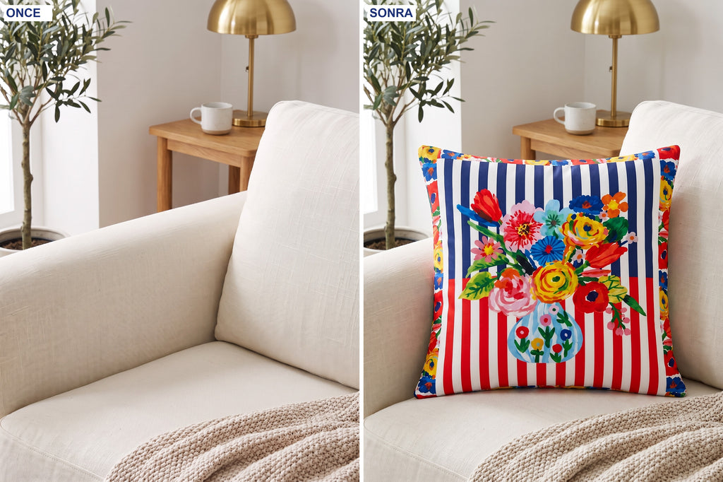 Viva Çizgili Çiçek — 4’lü Kırlent Kılıfı Seti 40x40 cm, Fermuarlı, Leke Tutmaz — kullanım görseli