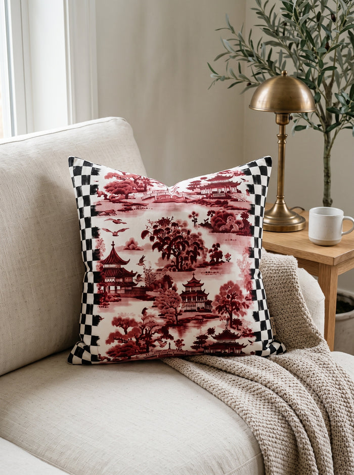 Vita Bordeaux-Schachbrett & Japanischer Garten — 2er-Set Kissenbezüge 40x40 cm, mit Reißverschluss