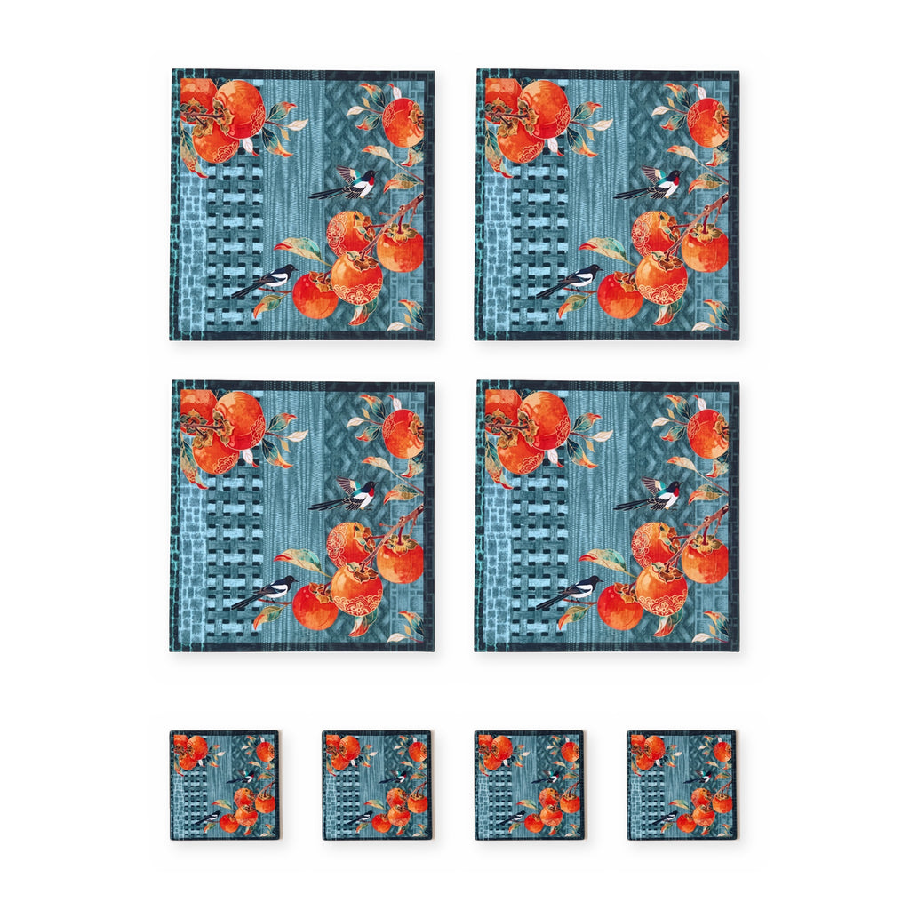 Zen Vögel & Früchte Set aus 4 Platzsets + Untersetzern – Set-Inhalt
