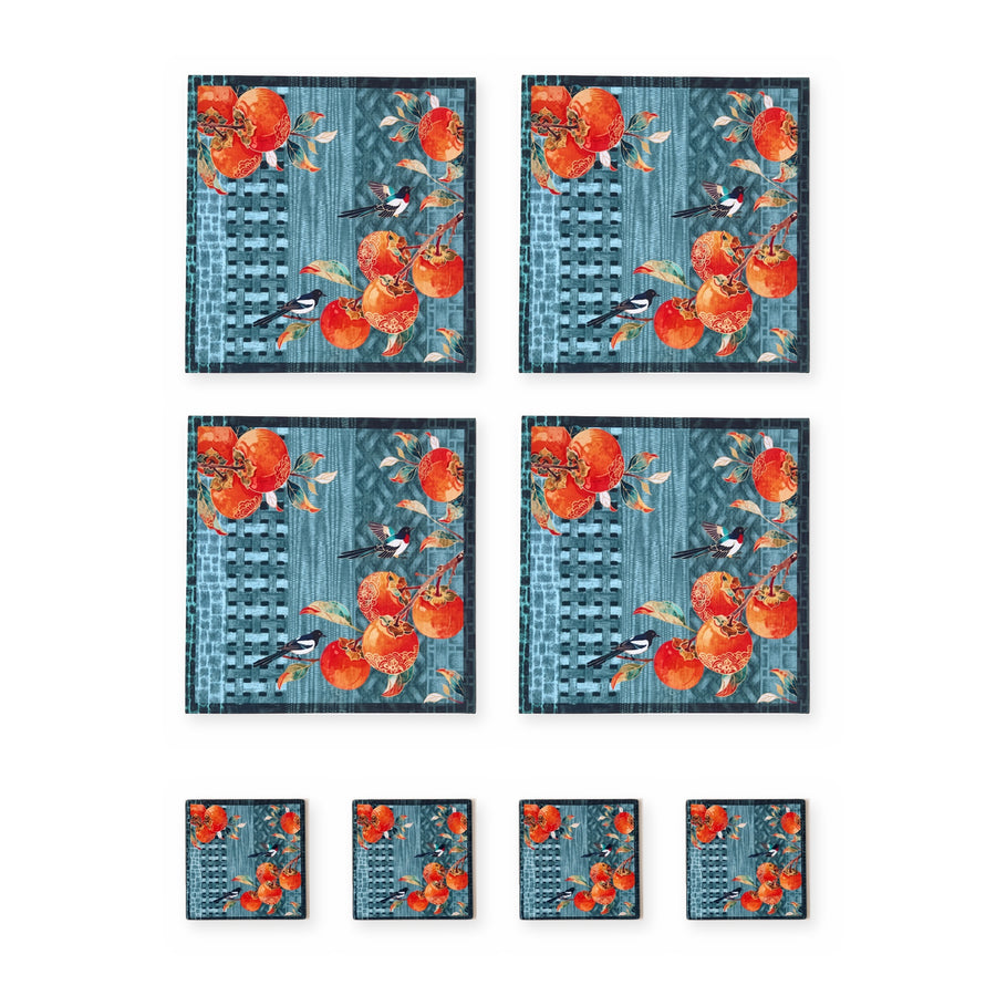 Zen Vögel & Früchte — Set aus 4 Platzsets + Untersetzern, abwischbar