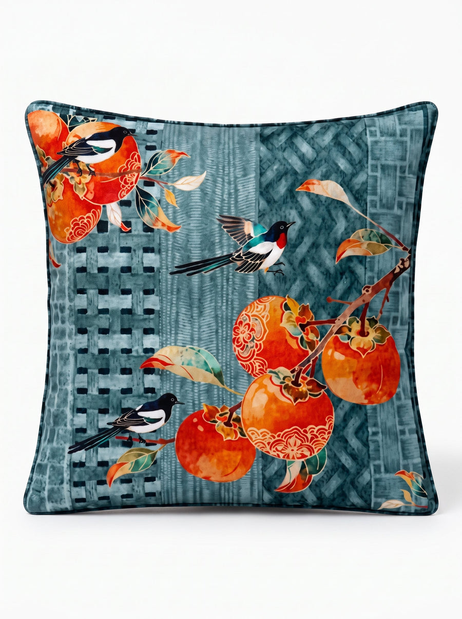 Zen Birds & Fruit — Set of 4 Cushion Covers 40x40 cm, Zippered, Stain-Resistant