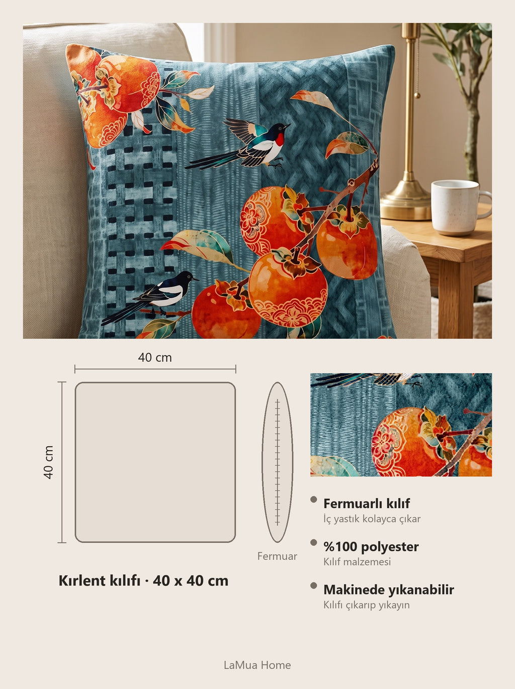 Zen Birds & Fruit set of 2 cushion covers – size card 40x40 cm