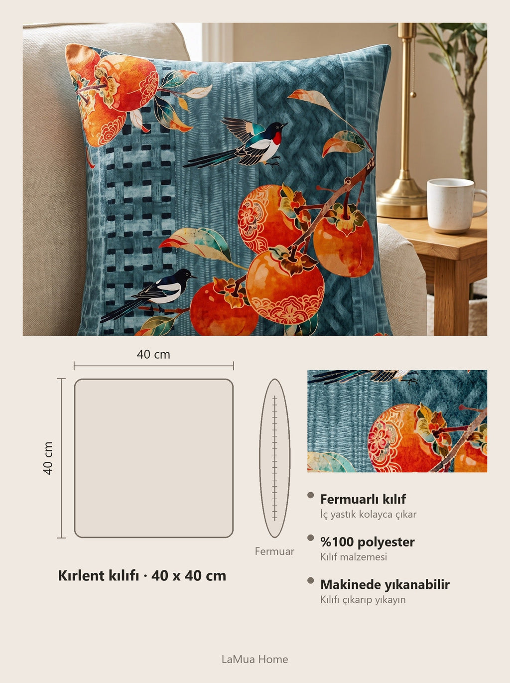 Zen Birds & Fruit set of 4 cushion covers – size card 40x40 cm