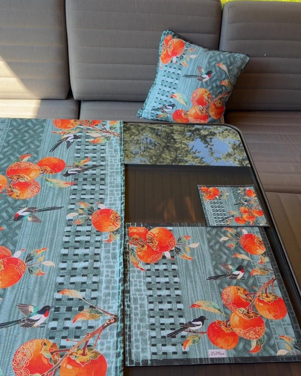 Zen kus ve meyve desenli sunum seti - runner, supla, bardak altligi ve kirlent bir arada