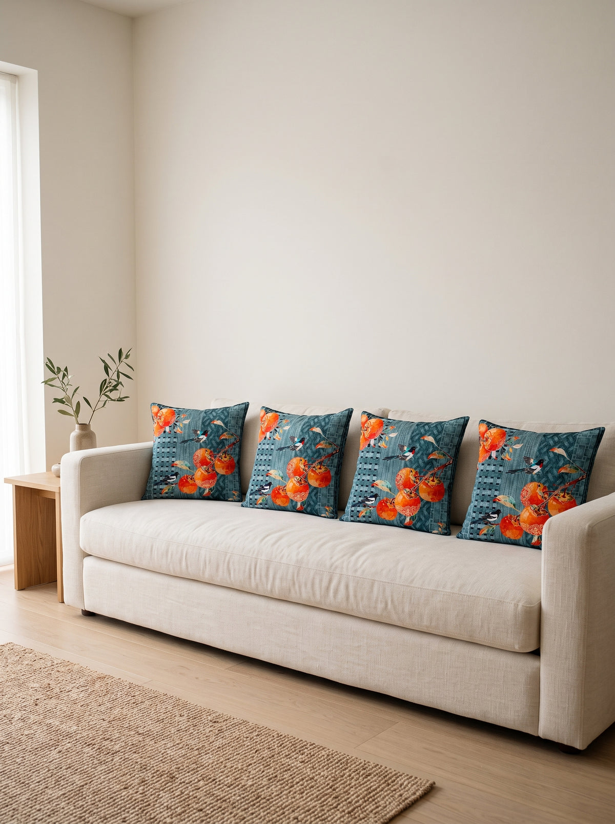 Zen Birds & Fruit set of 4 cushion covers – four cushions on a sofa